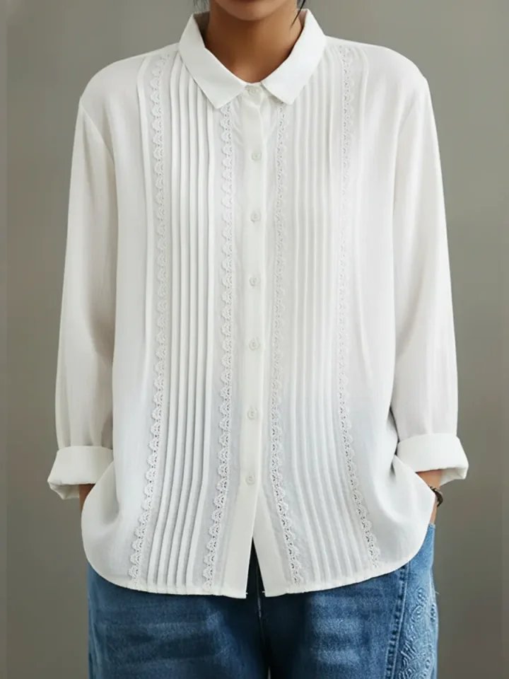 Women's Lace Trim Pleated Front Button-Up Long Sleeve Blouse