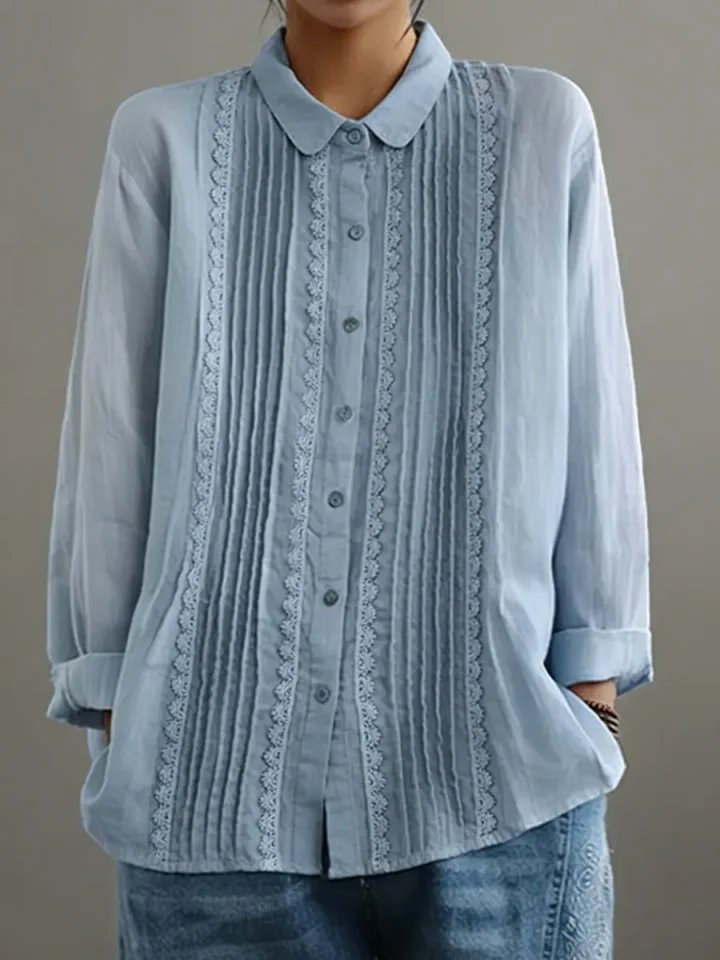 Women's Lace Trim Pleated Front Button-Up Long Sleeve Blouse - Light Blue