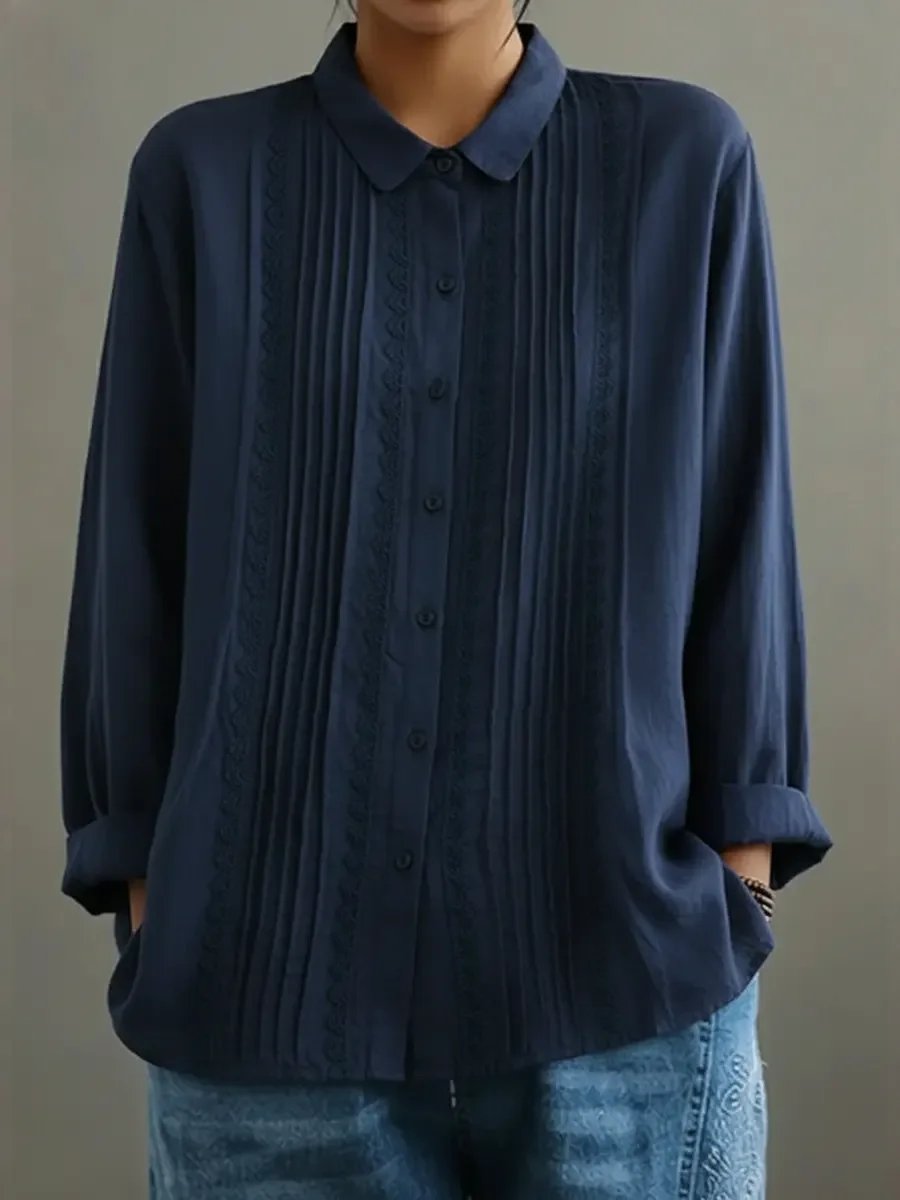 Women's Lace Trim Pleated Front Button-Up Long Sleeve Blouse - Blue