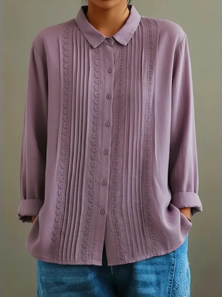 Women's Lace Trim Pleated Front Button-Up Long Sleeve Blouse - Purple