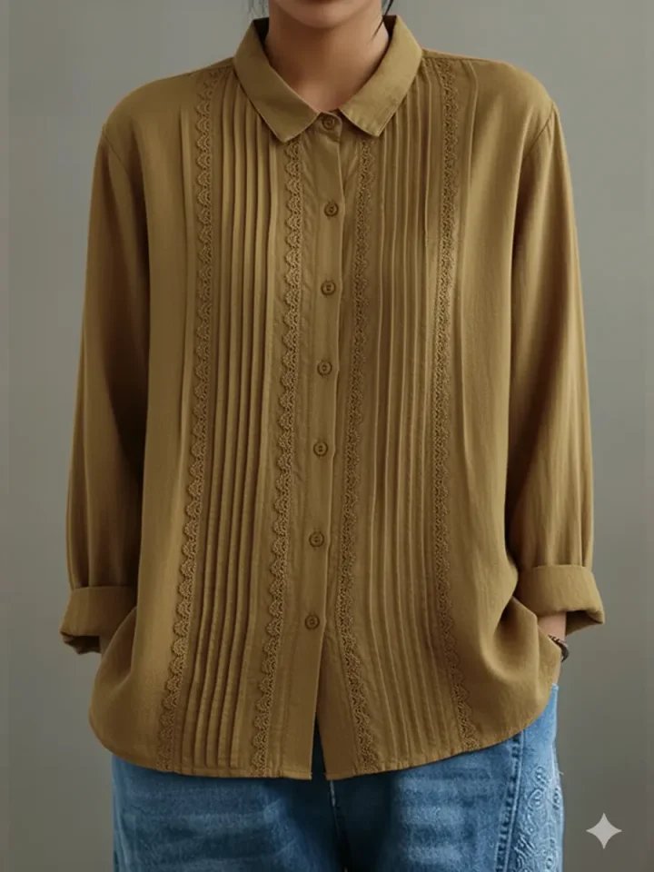 Women's Lace Trim Pleated Front Button-Up Long Sleeve Blouse - Beige