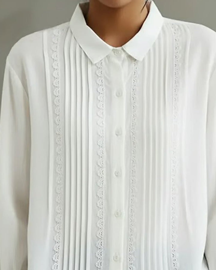 Women's Lace Trim Pleated Front Button-Up Long Sleeve Blouse