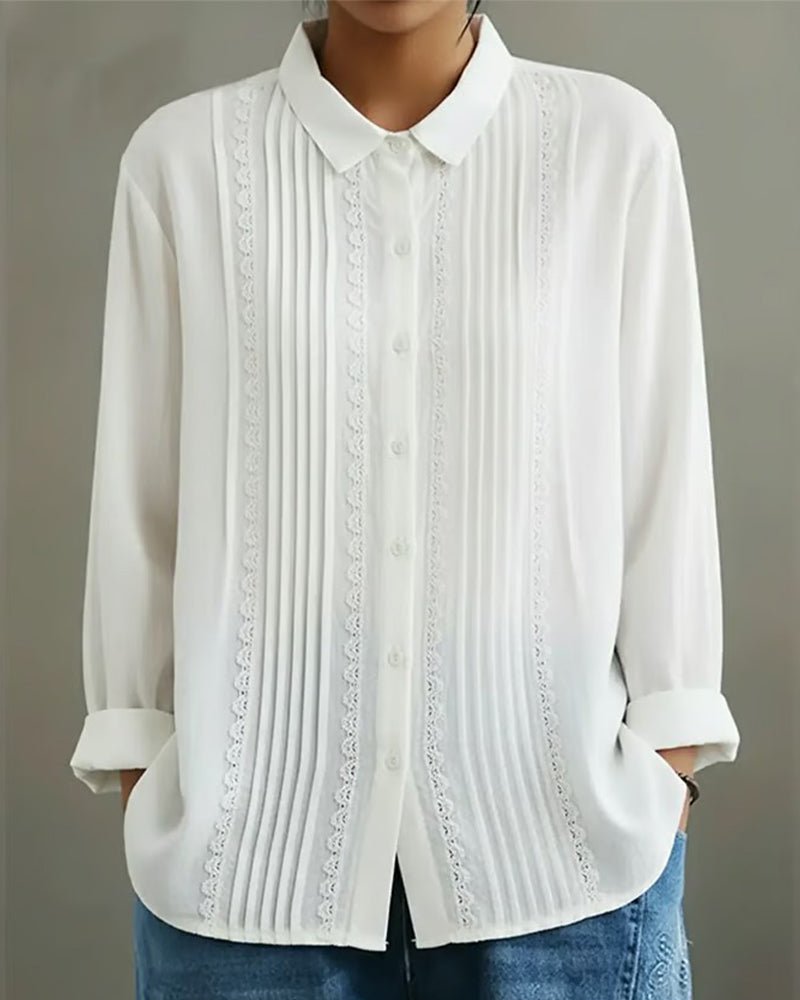 Women's Lace Trim Pleated Front Button-Up Long Sleeve Blouse - White