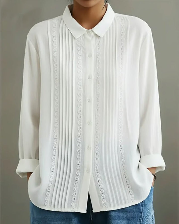 Women's Lace Trim Pleated Front Button-Up Long Sleeve Blouse - White