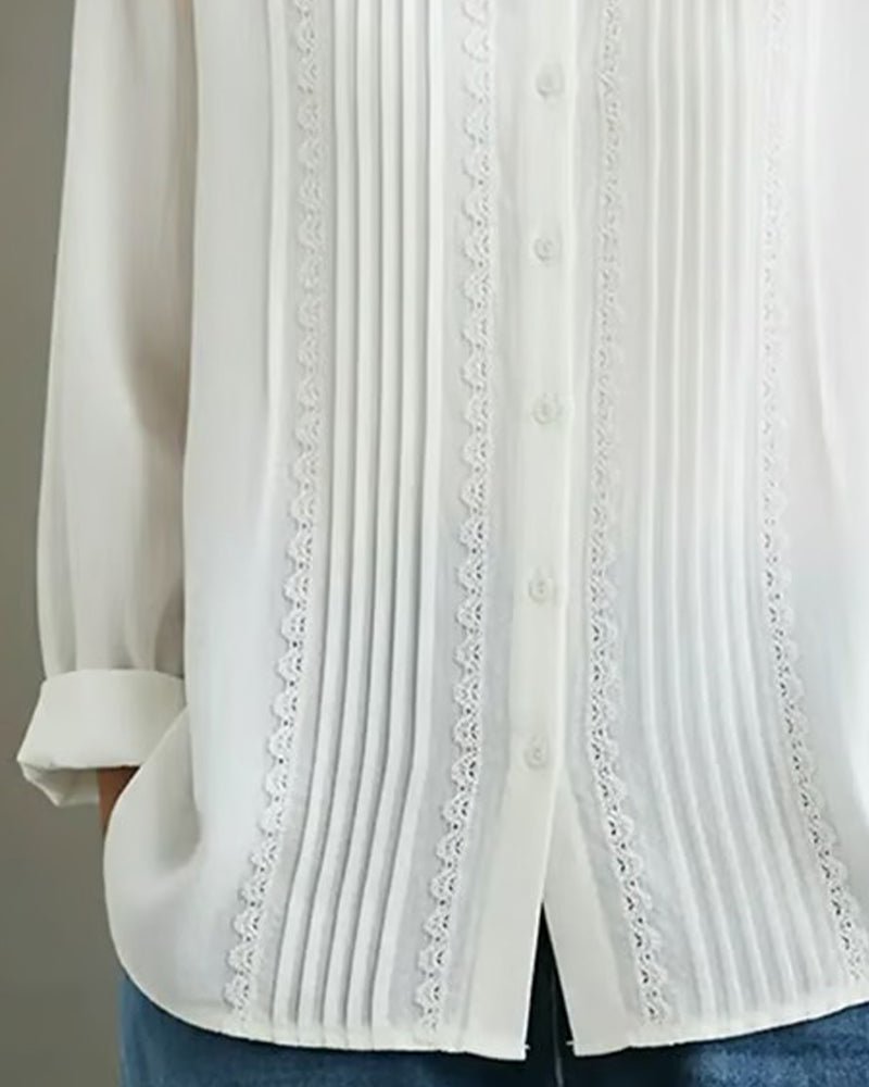 Women's Lace Trim Pleated Front Button-Up Long Sleeve Blouse