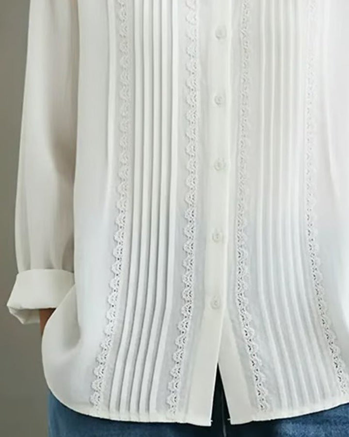 Women's Lace Trim Pleated Front Button-Up Long Sleeve Blouse