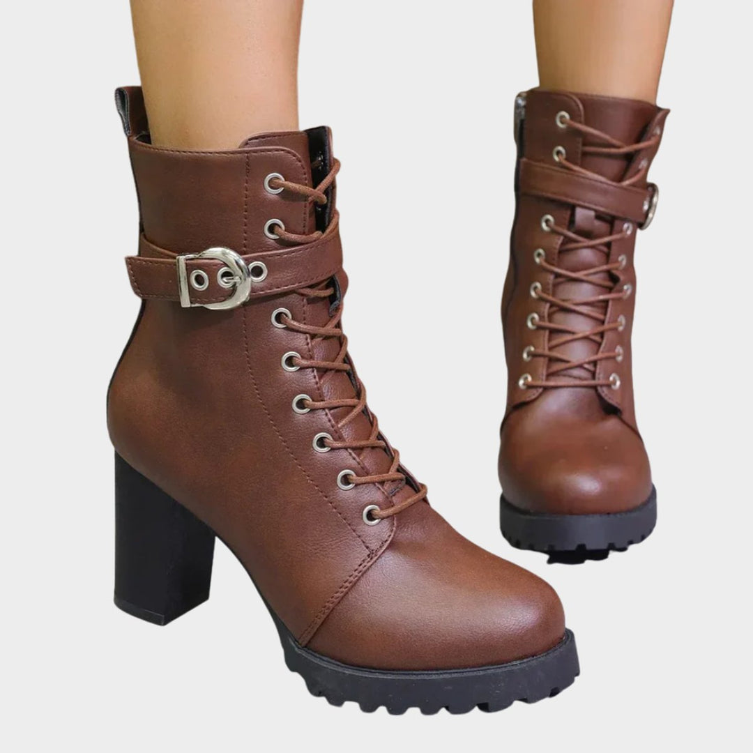 Women's Lace-Up Block-Heel Combat Ankle Boots Buckle Strap - Brown