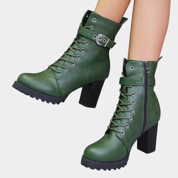 Women's Lace-Up Block-Heel Combat Ankle Boots Buckle Strap - Green