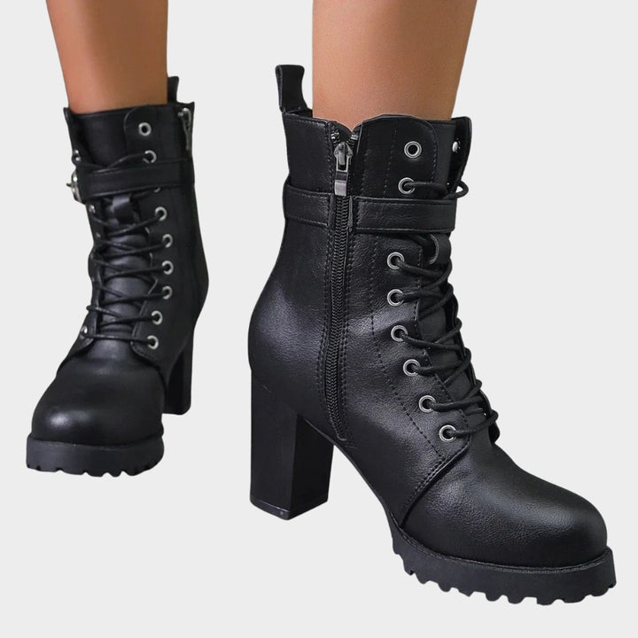 Women's Lace-Up Block-Heel Combat Ankle Boots Buckle Strap - Black