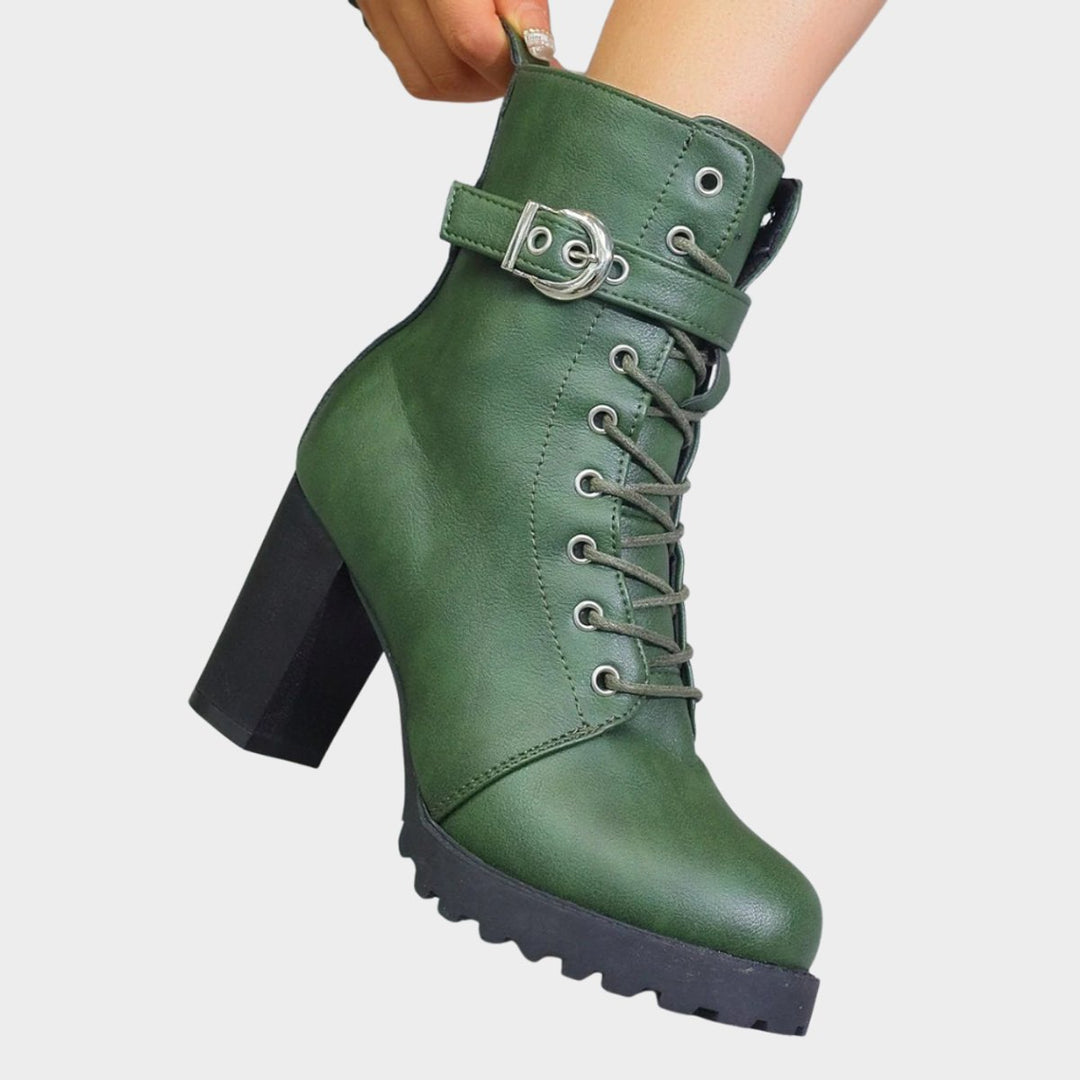Women's Lace-Up Block-Heel Combat Ankle Boots Buckle Strap