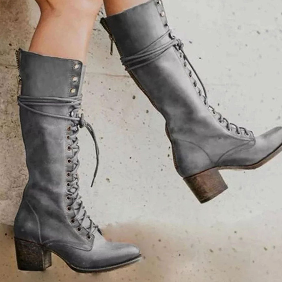 Women's Lace-Up Block Heel Knee-High Boots - Grey
