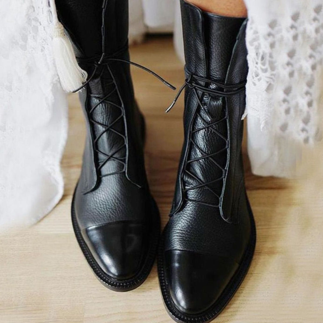 Women's Lace-Up Leather Cap-Toe Ankle Boots - Black