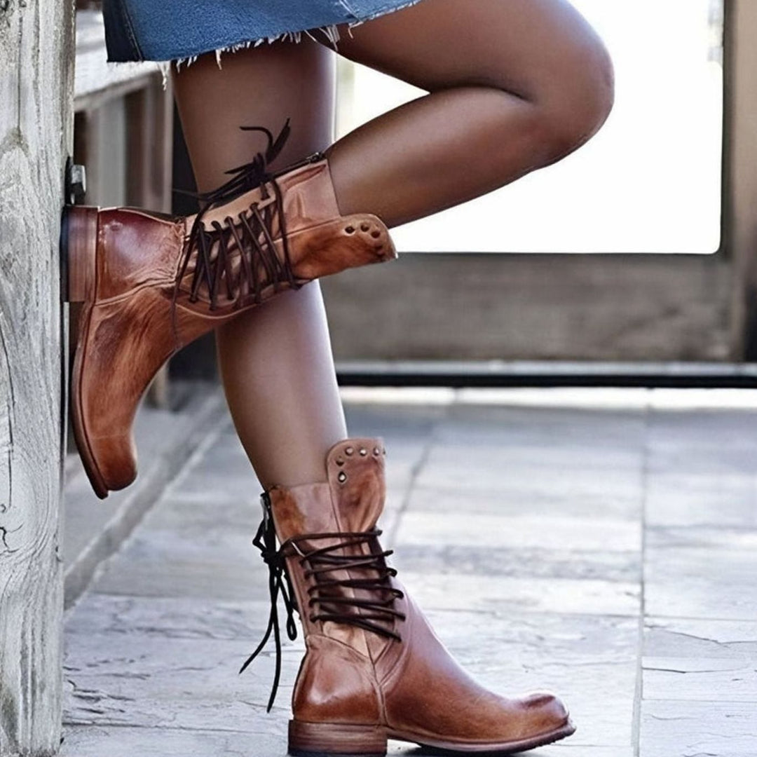 Women's Lace-Up Leather-Look Mid-Calf Ankle Boots