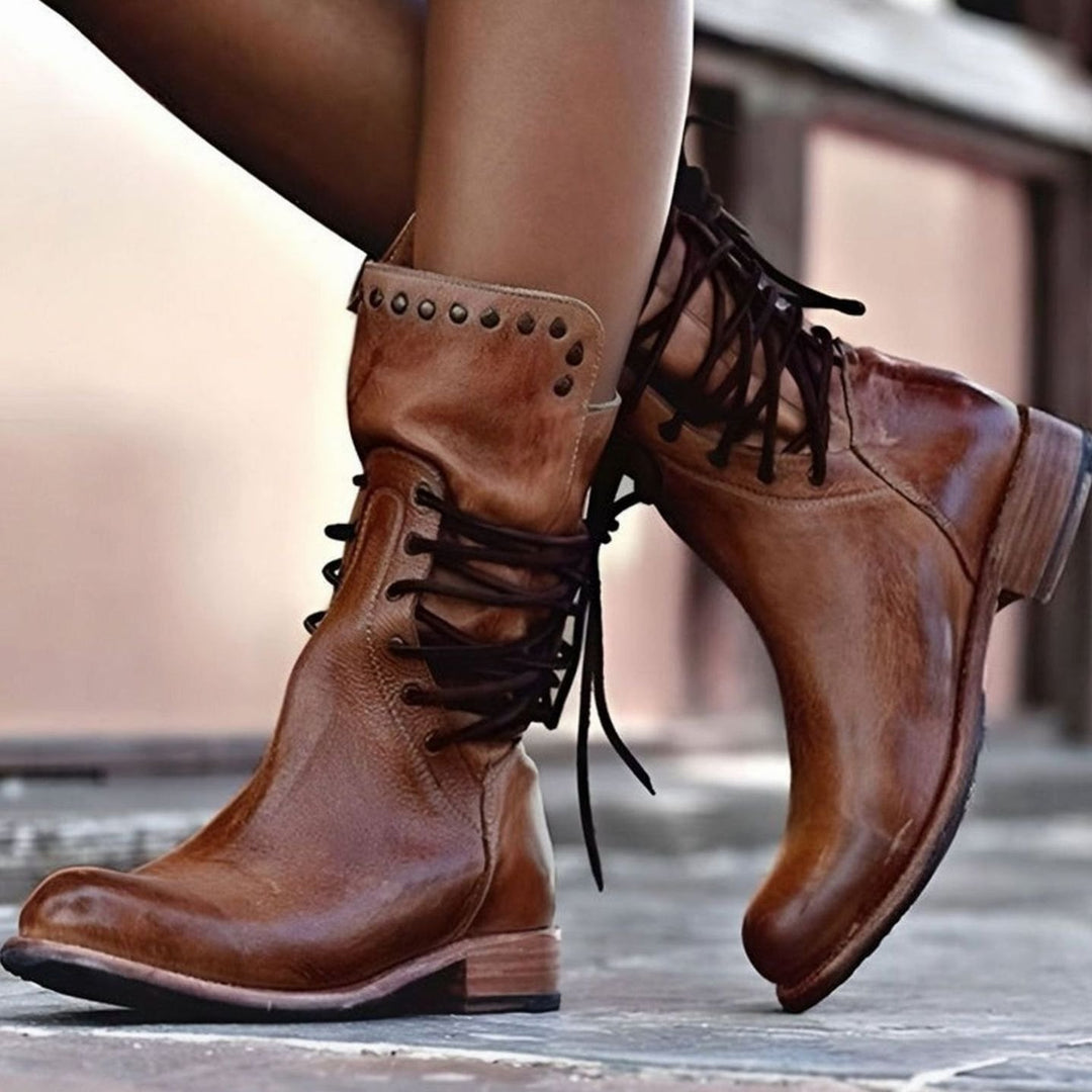 Women's Lace-Up Leather-Look Mid-Calf Ankle Boots - Brown