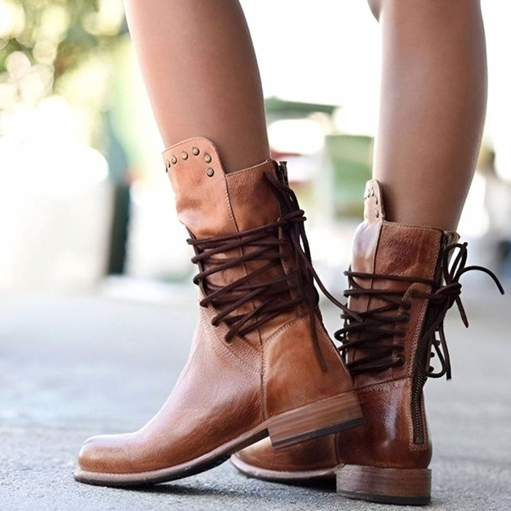 Women's Lace-Up Leather-Look Mid-Calf Ankle Boots