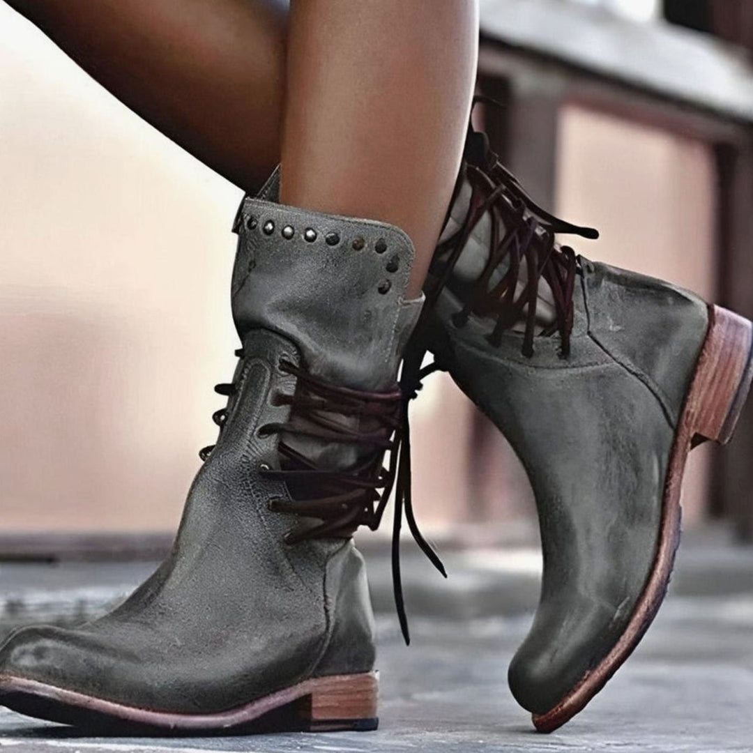 Women's Lace-Up Leather-Look Mid-Calf Ankle Boots - Grey