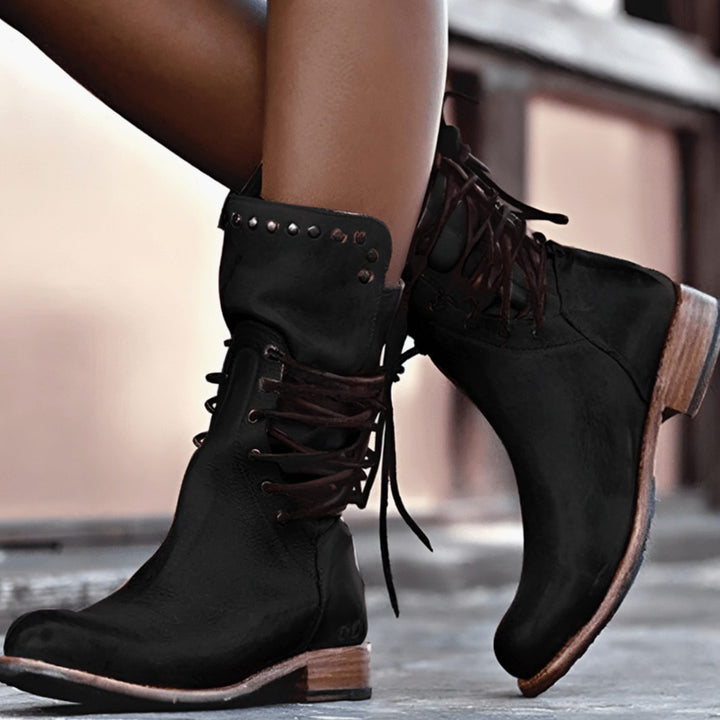 Women's Lace-Up Leather-Look Mid-Calf Ankle Boots - Black