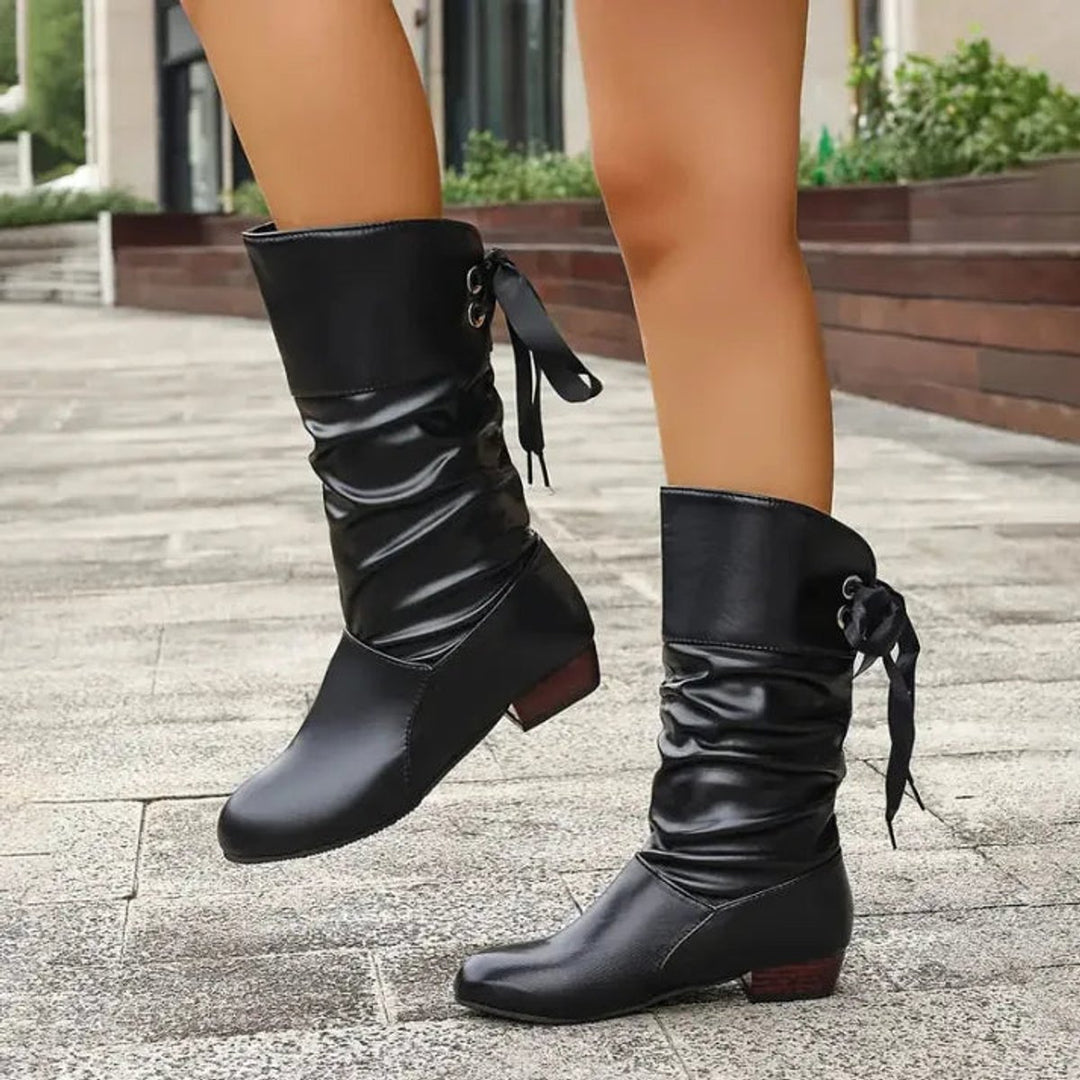 Women's Lace-Up Mid-Calf Block Heel Slouchy Ankle Boots
