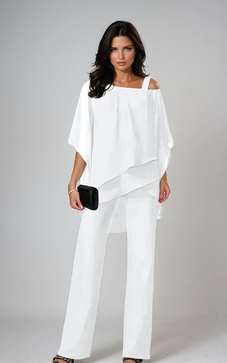 Women's Layered Chiffon Cold-Shoulder Wide-Leg Trouser Set - White