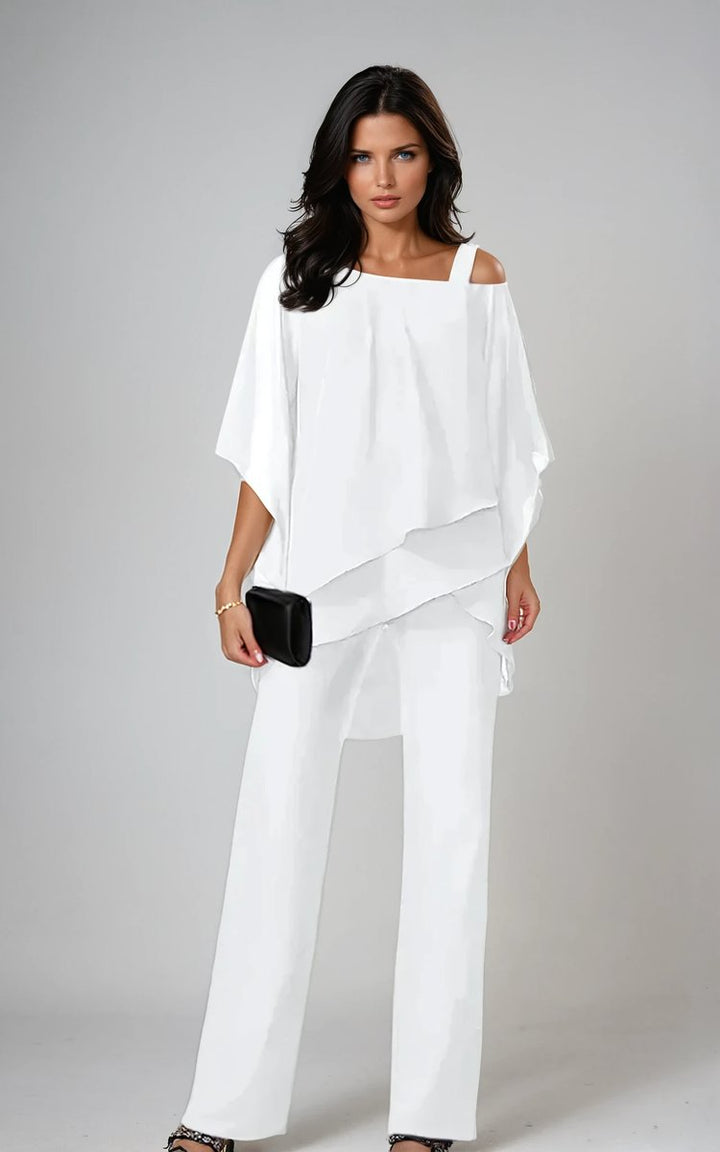 Women's Layered Chiffon Cold-Shoulder Wide-Leg Trouser Set - White
