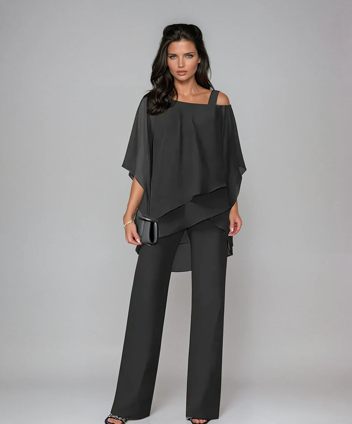 Women's Layered Chiffon Cold-Shoulder Wide-Leg Trouser Set - Black