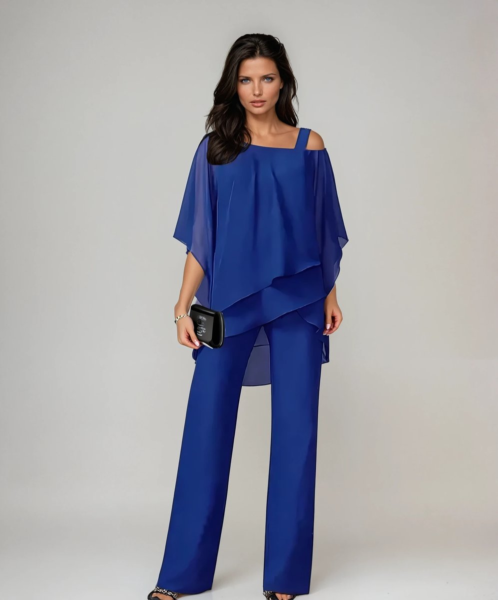 Women's Layered Chiffon Cold-Shoulder Wide-Leg Trouser Set - Blue