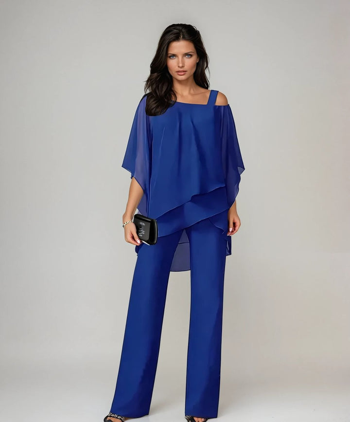 Women's Layered Chiffon Cold-Shoulder Wide-Leg Trouser Set - Blue