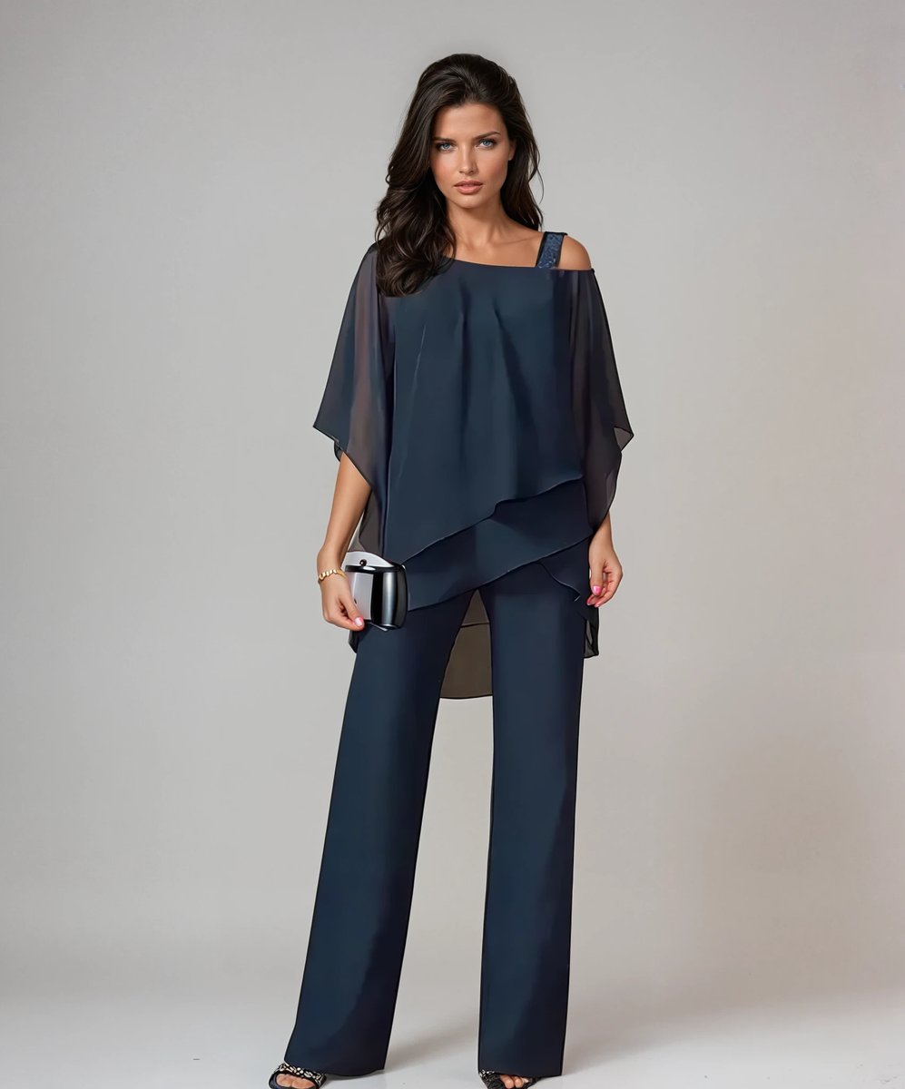 Women's Layered Chiffon Cold-Shoulder Wide-Leg Trouser Set - Navy Blue