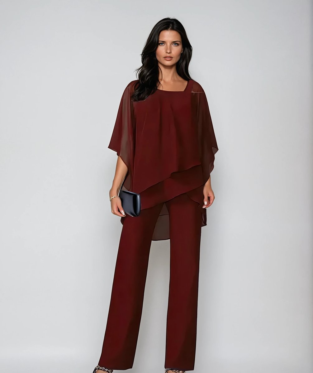 Women's Layered Chiffon Cold-Shoulder Wide-Leg Trouser Set - Red