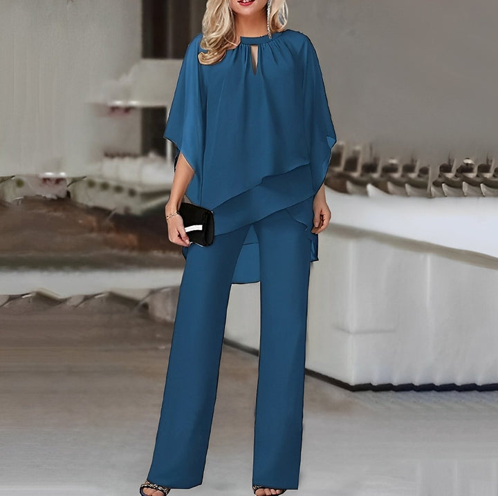 Women's Layered Chiffon Wide Leg Pants Two-Piece Set - Sapphire Blue