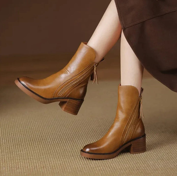 Women's Leather Block-Heel Side-Zip Ankle Boots - Brown