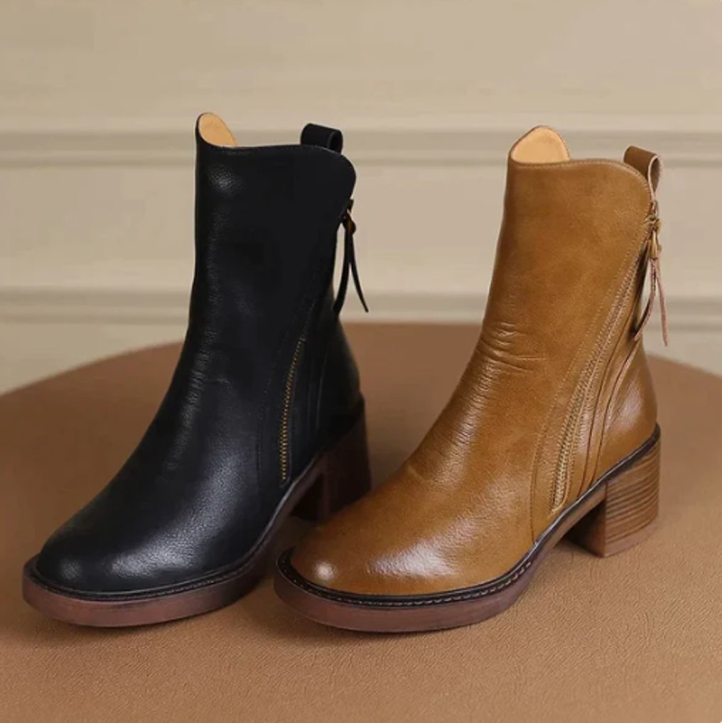 Women's Leather Block-Heel Side-Zip Ankle Boots