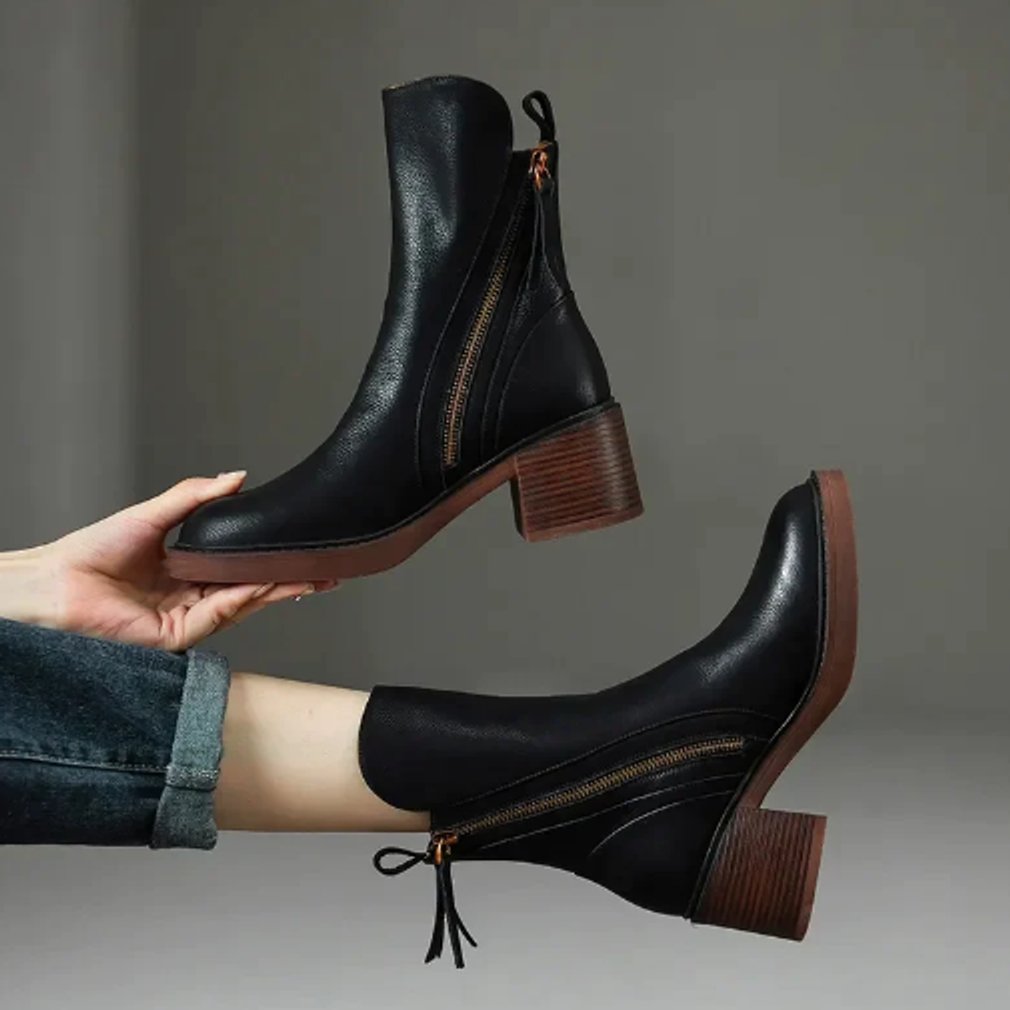 Women's Leather Block-Heel Side-Zip Ankle Boots - Black