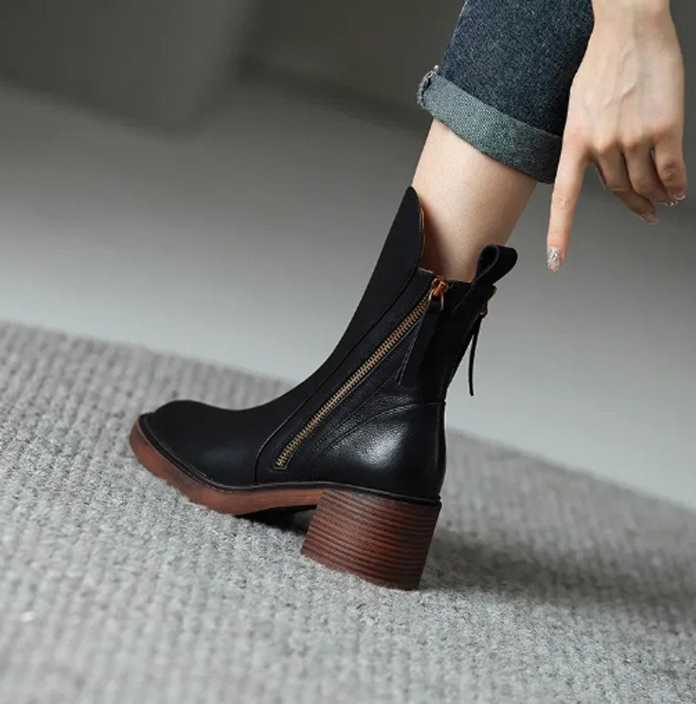 Women's Leather Block-Heel Side-Zip Ankle Boots