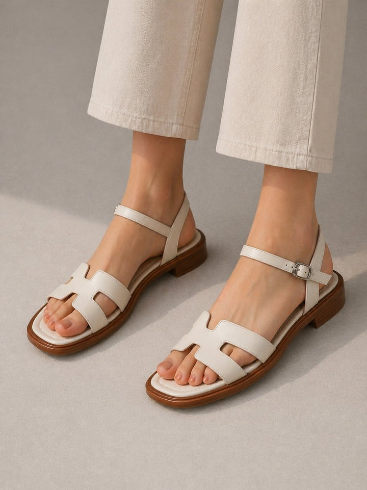 Women's Leather H-Bar Buckle Ankle Strap Flat Sandals