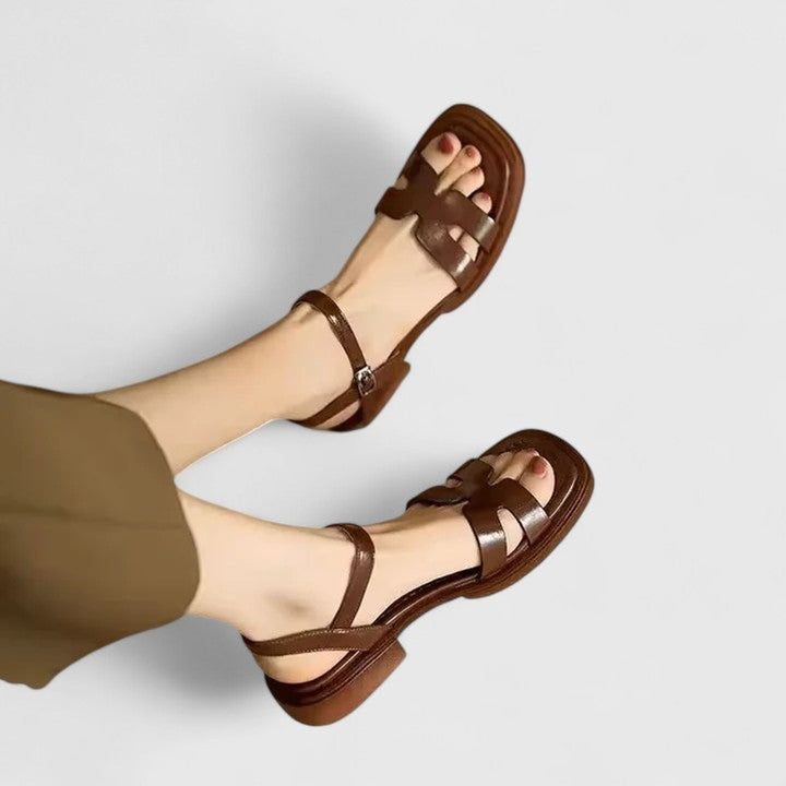 Women's Leather H-Bar Buckle Ankle Strap Flat Sandals - Brown