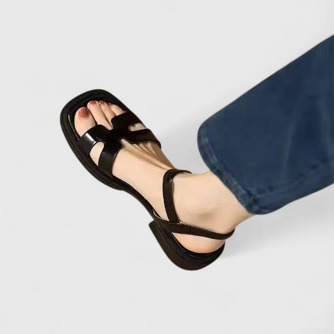 Women's Leather H-Bar Buckle Ankle Strap Flat Sandals - Black