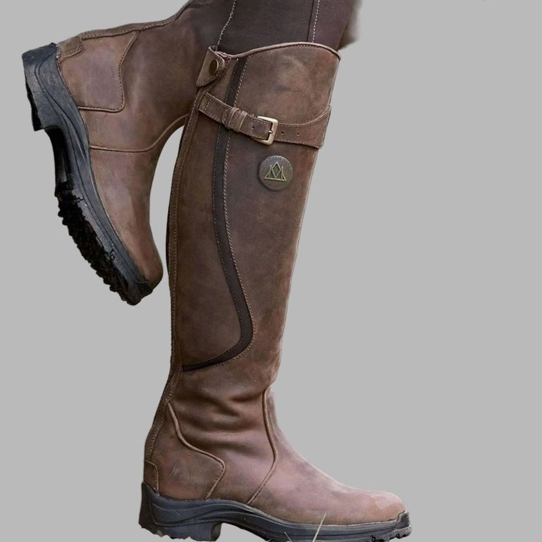 Women's Leather Knee-High Buckle Strap Hiking Boots - Dark Brown