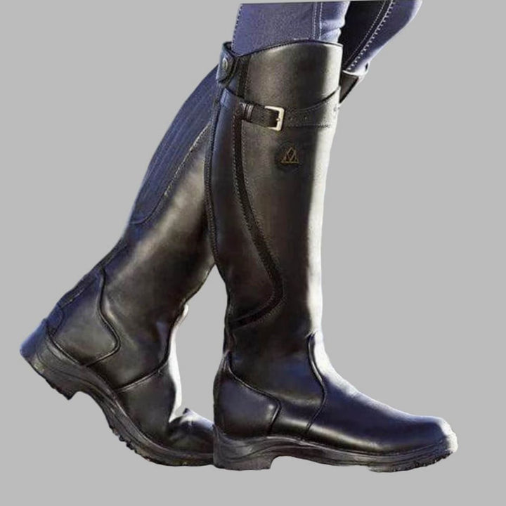 Women's Leather Knee-High Buckle Strap Hiking Boots - Black