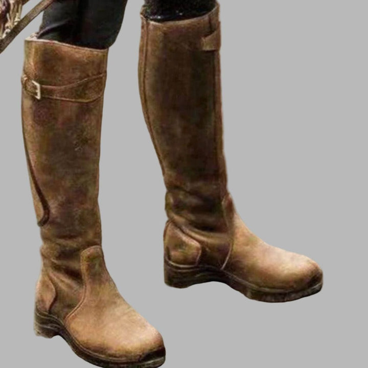 Women's Leather Knee-High Buckle Strap Hiking Boots - Brown