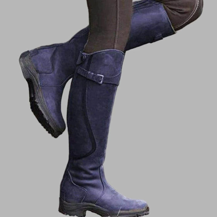 Women's Leather Knee-High Buckle Strap Hiking Boots - Lilac