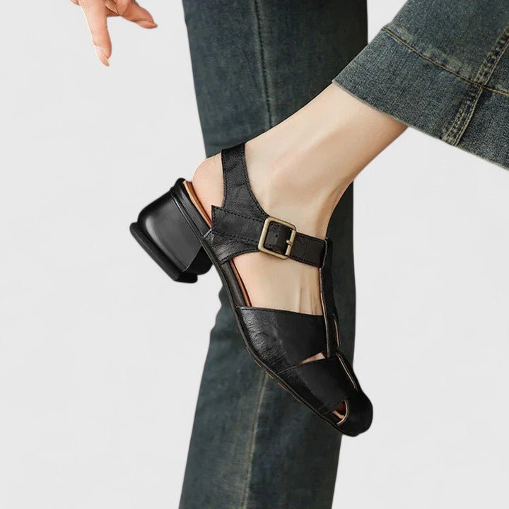 Women's Leather Sandals Square Toe Block Heel Strappy
