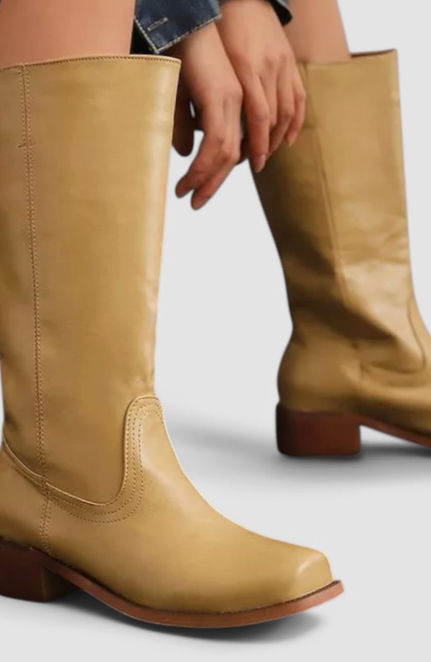 Women's Leather Stacked-Heel Knee-High Boots