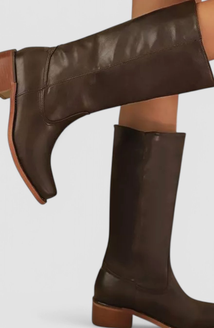 Women's Leather Stacked-Heel Knee-High Boots