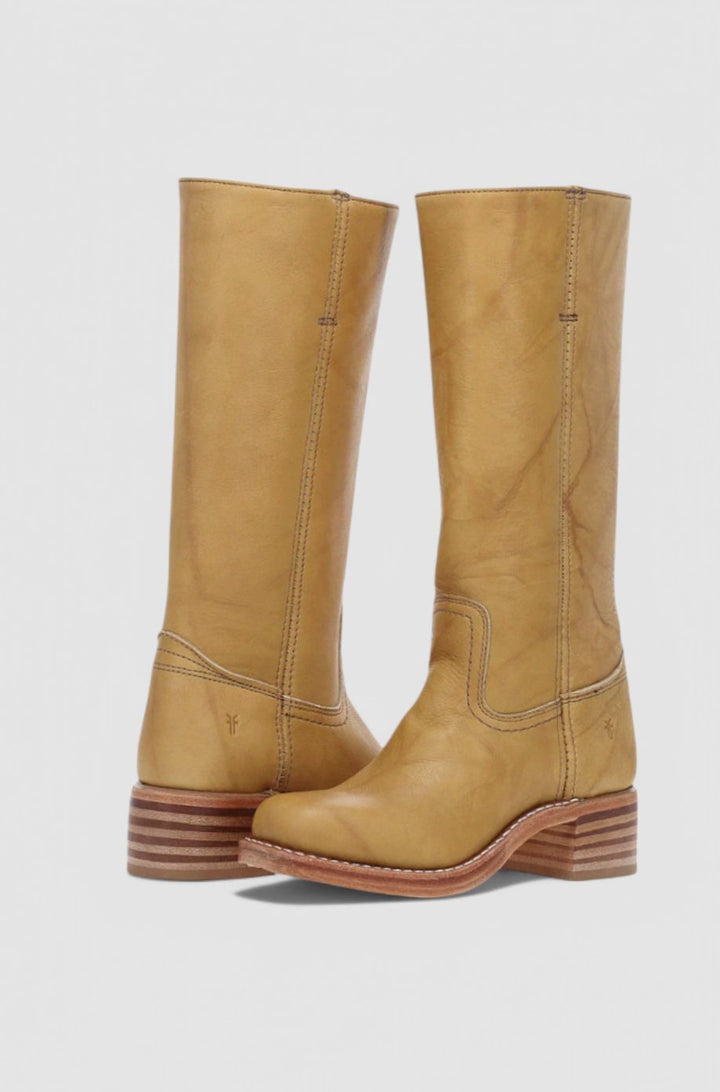 Women's Leather Stacked-Heel Knee-High Boots - Yellow