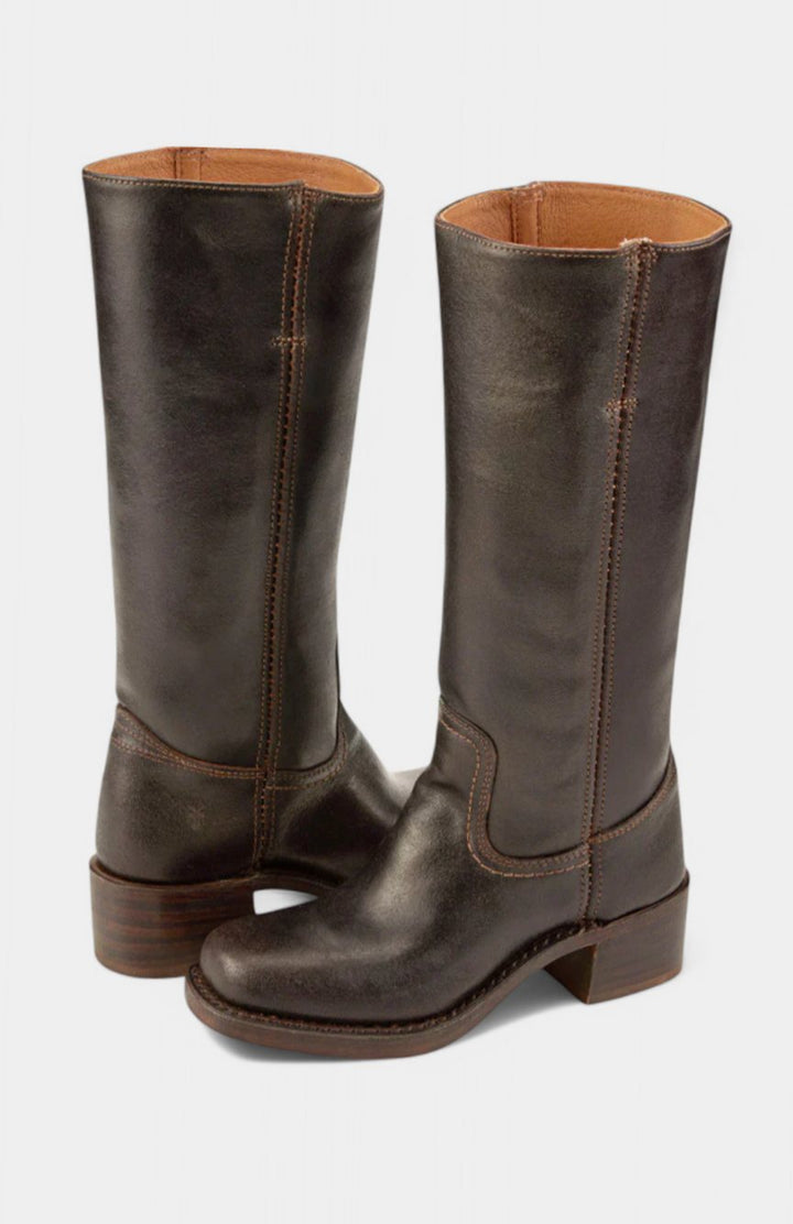 Women's Leather Stacked-Heel Knee-High Boots - Dark Brown
