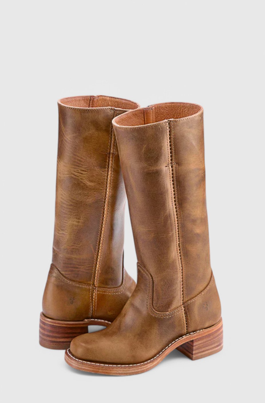 Women's Leather Stacked-Heel Knee-High Boots - Light Brown