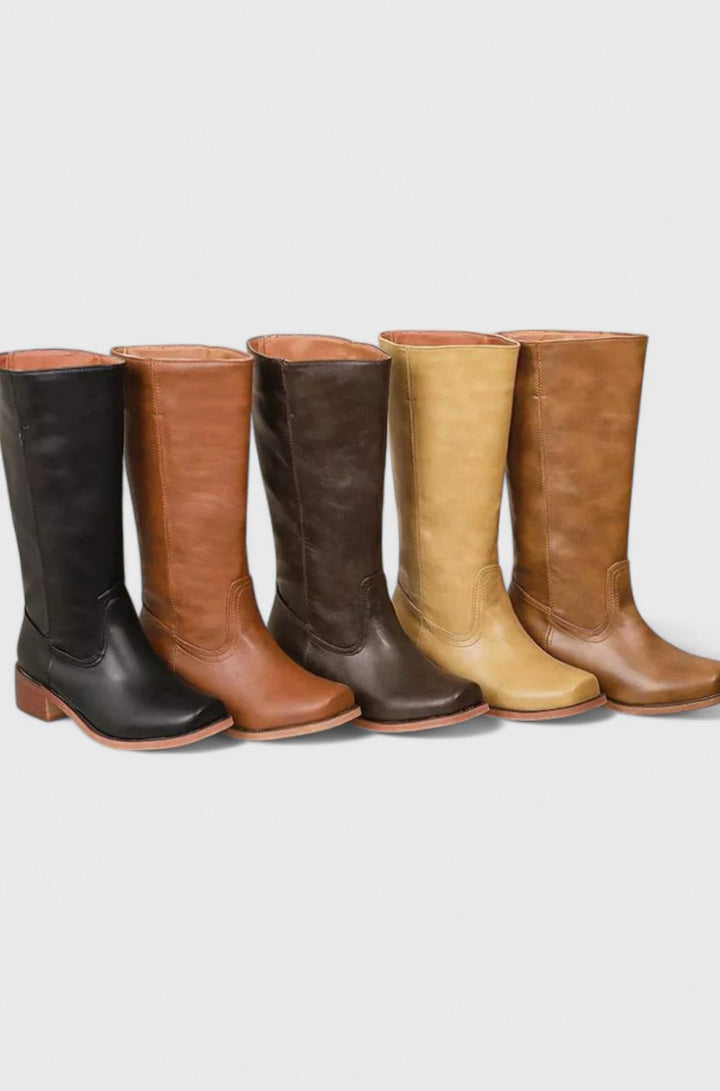 Women's Leather Stacked-Heel Knee-High Boots