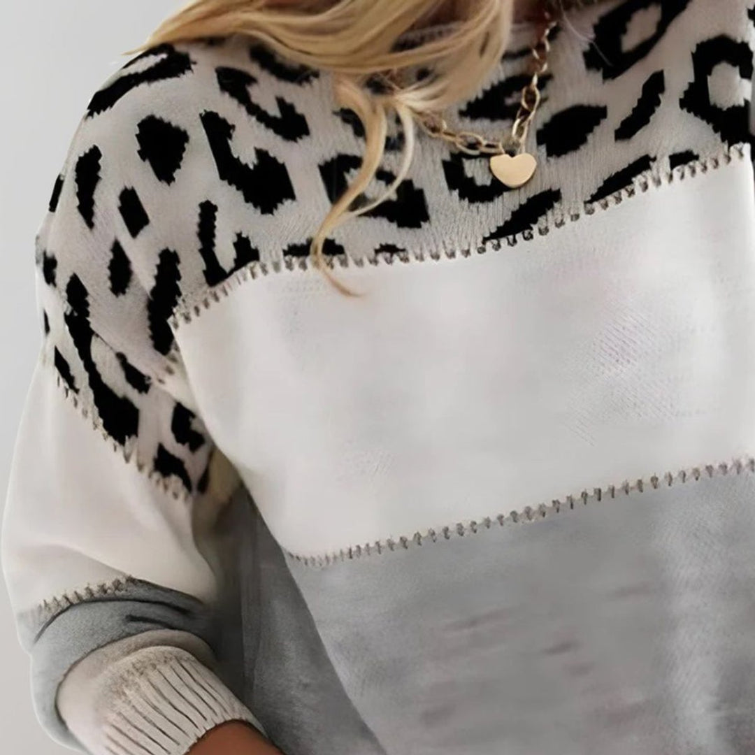 Women's Leopard Print Colour Block Knit Pullover Sweater