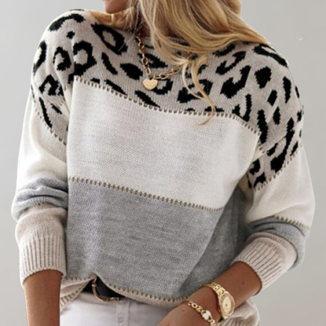 Women's Leopard Print Colour Block Knit Pullover Sweater